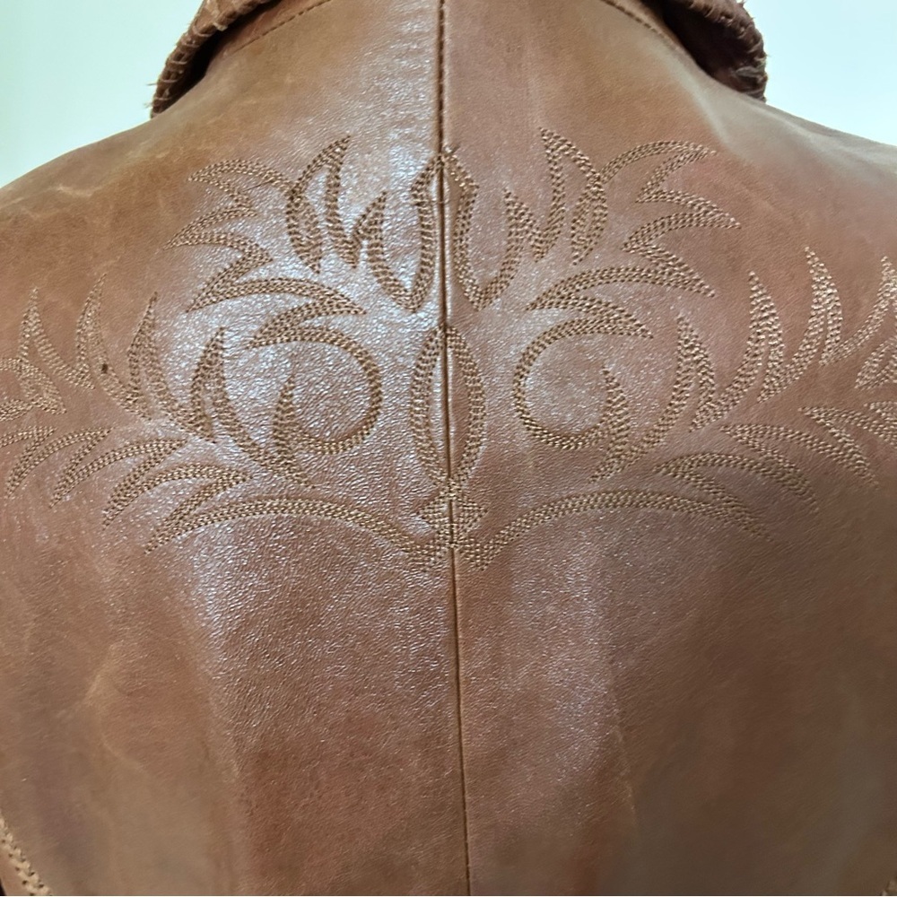 Y2K Aqua Cognac Brown Western Style Leather Blazer Floral Whipstitched Jacket M - Picture 6 of 8